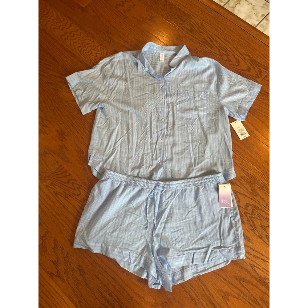 Stars Above Womens XXL Blue Stripe Pajama Set Short Sleeve Shirt and Shorts NWT